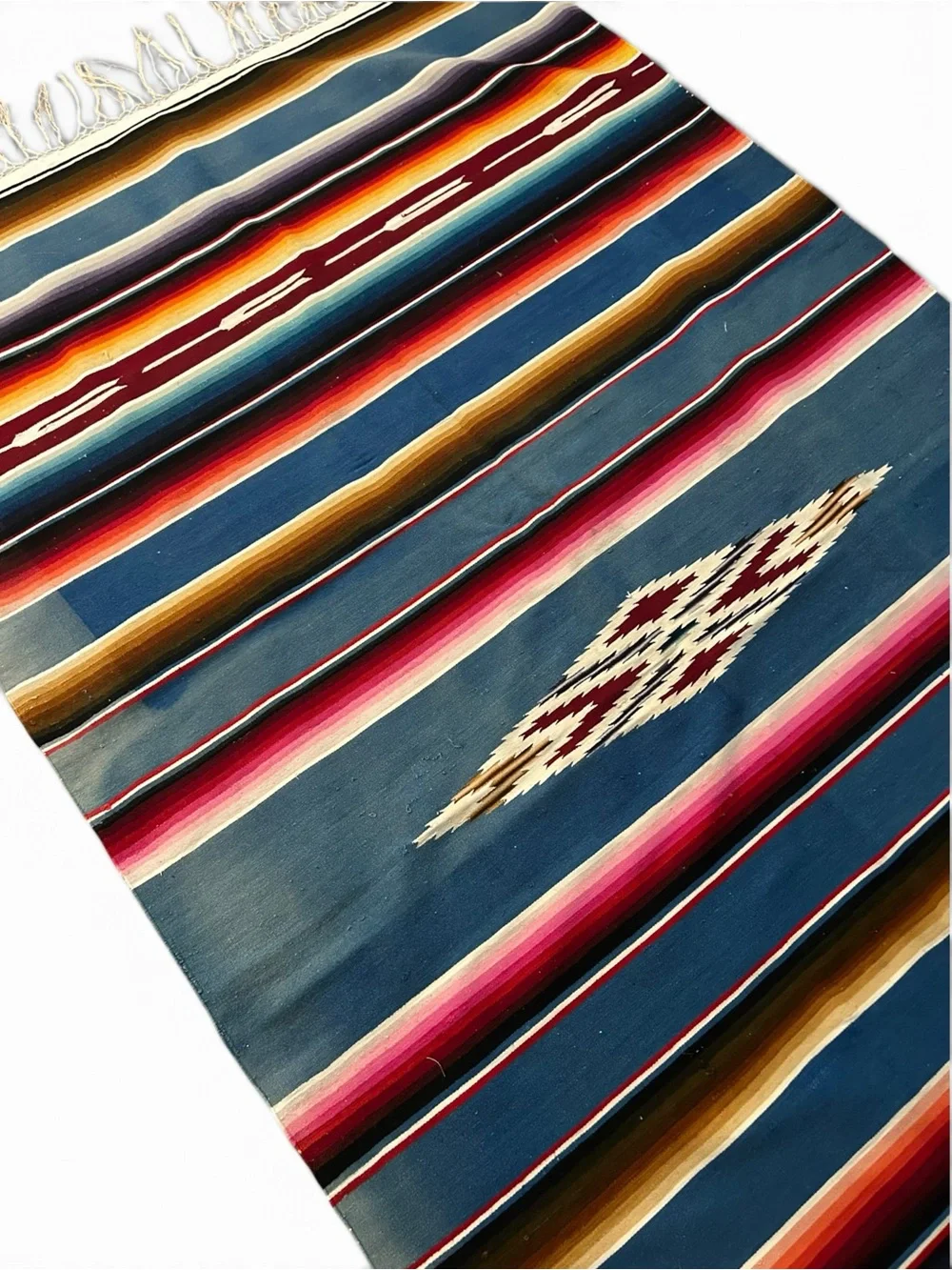 MCM Vintage Handwoven Blue Striped Mexican Serape Wool Blanket - Multi-Color